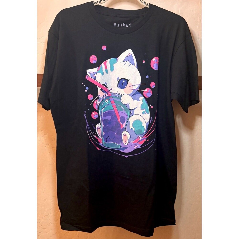 FRIDAY JR Men's Black Cat Boba Tea Graphic Cotton Tee L Crewneck SS